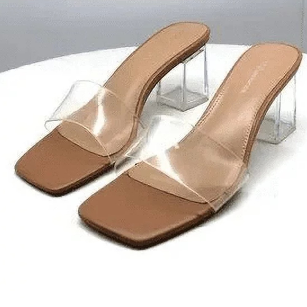 BCBGENERATION Clear Comfort Luckee Square Toe Block Heel Slip On Heeled Sandal